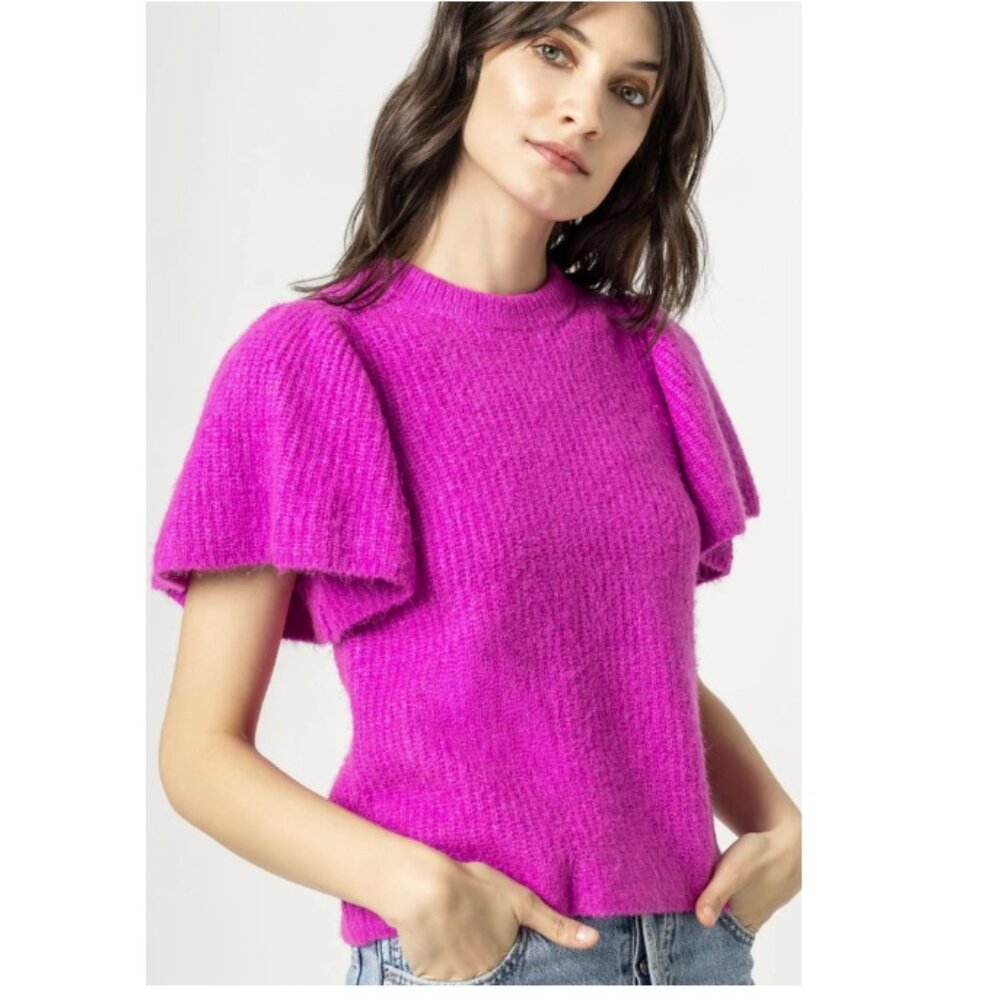 Lilla P Flutter Sleeve Crewneck Sweater, Pink | Small